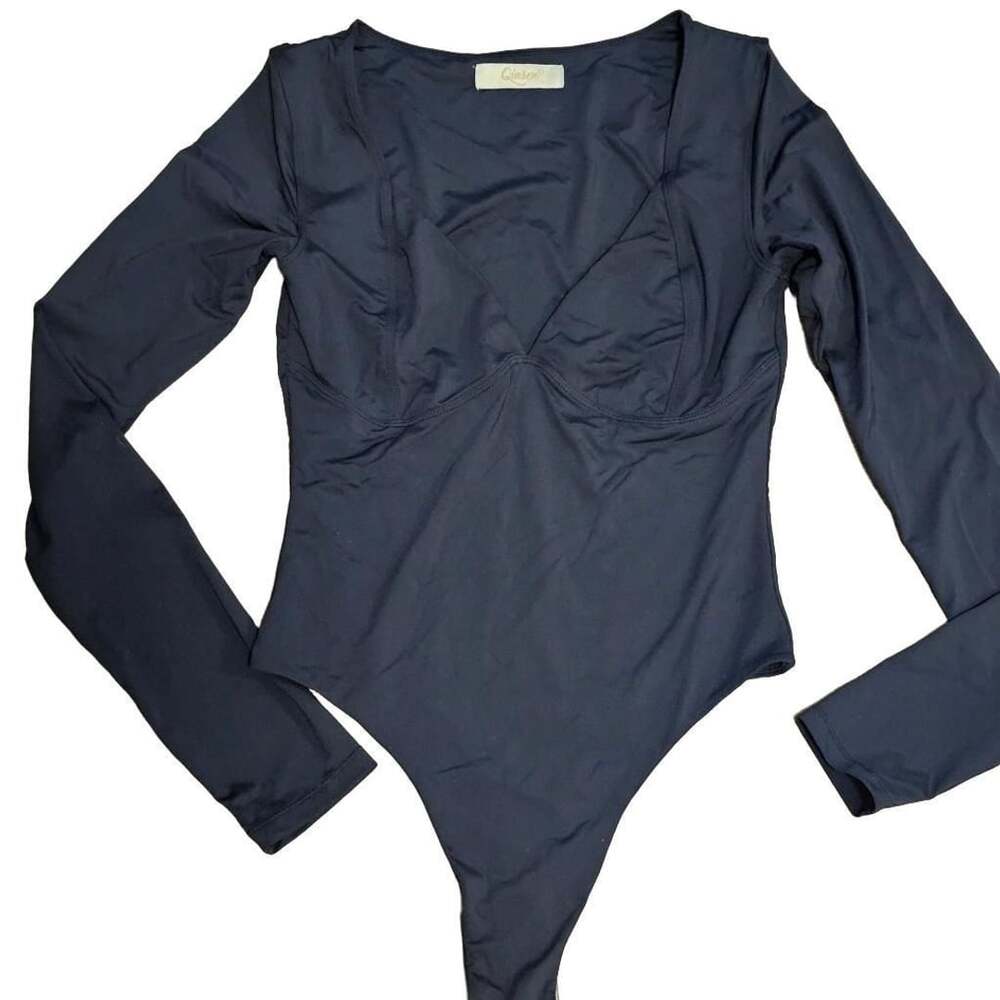 QINSEN Black Bodysuit S Long Sleeve Plunge Underwire Bust Y2K Stretch